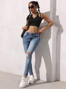 SHEIN EZwear Damen Distressed Pocket Skinny Lässig Vielseitige Jeans - Mittele Waschung - Übersicht 2