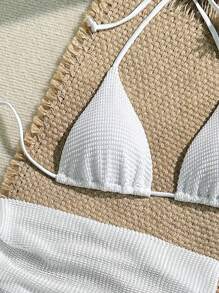 SHEIN Swim Springbreak Women's Summer Beach Solid Color Halter Tie Sexy Bikini 3 Pieces Set With Cover-Up Skirt - White - View 4