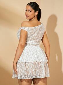 SHEIN BAE Vestido para mujer de talla grande con diseño asimétrico de encaje, parches y fruncido en la cintura, vestido elegante para primavera y verano