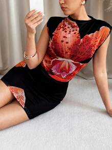 SHEIN Clasi Women's Fashionable Sleeveless Short Floral Print Dress, Spring/Summer - Black - View 7