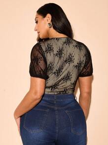 SHEIN BAE Plus Size Women Elegant Sexy Lace Short Sleeve Cropped T-Shirt, Bodycon, Fitted, Adorable And Sexy, Available In Black, Nude, Khaki Colors, Spring/Summer - Black - View 5