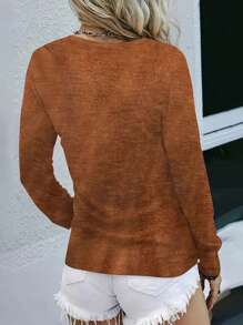Casual Solid Color Crew Neck Long Sleeve Top, Spring & Autumn - Burnt Orange - View 2
