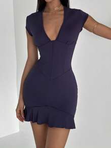 Aloruh Sexy Deep V-Neck Purple Mini Dress With Cap Sleeve, Ruffle Hem, Fitted Bodycon Mini,Business Casual Woman - Purple - View 1