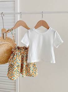 SHEIN Babygirl Cute Ditsy Floral Skirt And Short Sleeve Knit Top 2pcs Set, Summer Vacation - White - View 1