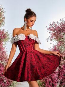 SHEIN Belle 优雅对比花卉提花面料露肩 A 字型公主裙，配有可调节后系带，婚礼宾客礼服，适合约会、生日、派对、婚礼、周年纪念、舞会、舞会礼服 - 紅色 - 查看 7