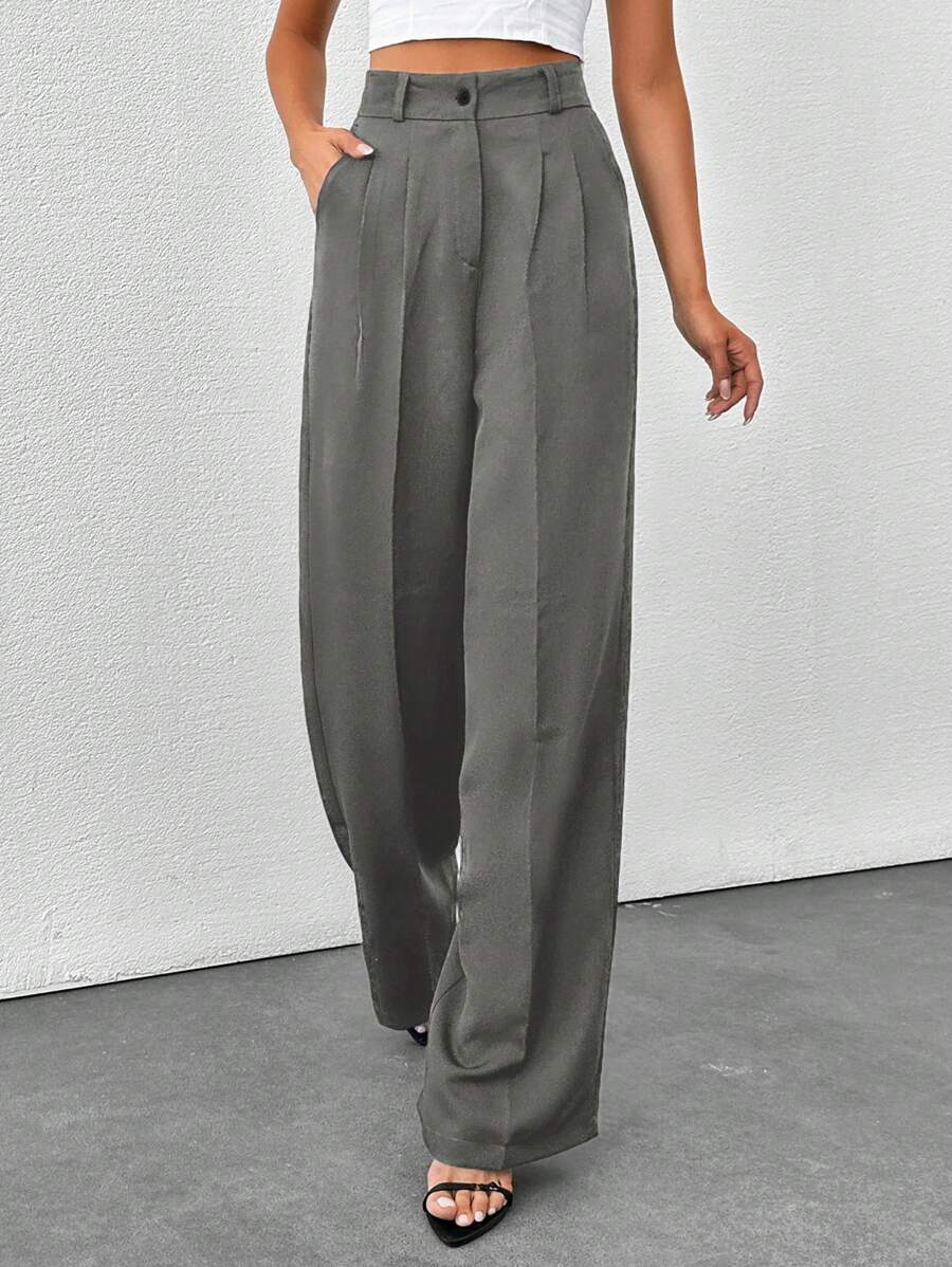 SHEIN Tall Tall Women's Solid Color High Waisted Wide Leg Pants - Grey - View 1