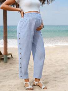 SHEIN Maternity Casual Striped Drawstring Waist Pants - Blue and White - View 4