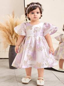 SHEIN Leap Crew Baby Girl Elegant & Floral Print Short Sleeve Summer Dress - Pink - View 1