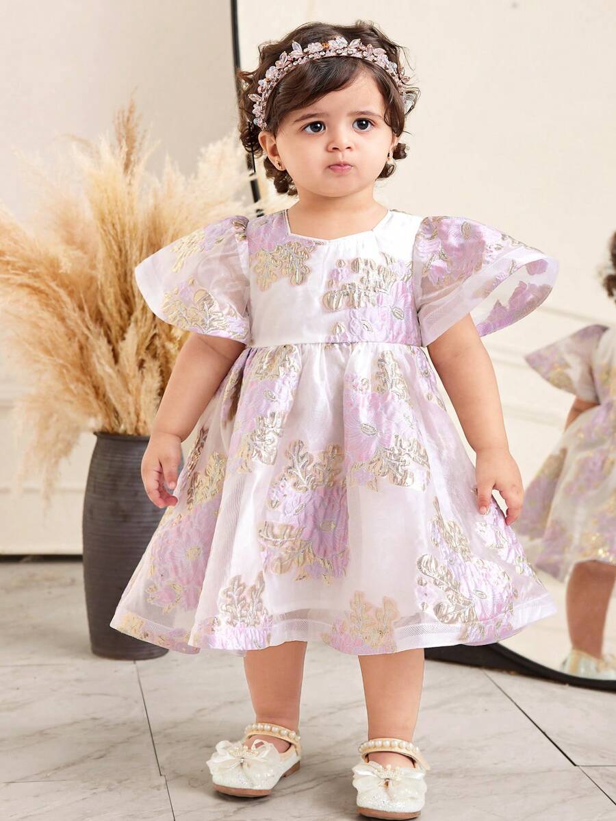 SHEIN Leap Crew Baby Girl Elegant & Floral Print Short Sleeve Summer Dress - Pink - View 1