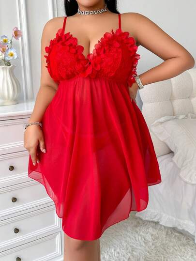 SHEIN 2pcs Set Valentine's Lace Mesh Splice Plus Size Sexy Nightgown With String Panty
