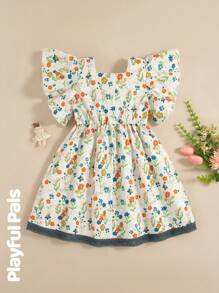 SHEIN 1pc Girls Retro Floral Bunny Print Dress, Pleated Ruffle Puff Sleeves, Peter Pan Collar With Elastic Waist, Fashionable Vintage Style