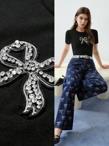MOTF STUDIO RHINESTONE DETAIL BOW EMBROIDERY T-SHIRT,VALENTINE'S DAY,SPRING/SUMMER - Black - View 10