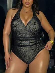 SHEIN Swim Curve Costume da bagno elegante e casual da donna, taglie forti, con arricciature e incrocio sulla parte anteriore, in pizzo