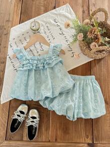 SHEIN LMoss Kids Babygirl schattige zomer vakantie bloemen borduurwerk ruche rand camisole en shorts set
