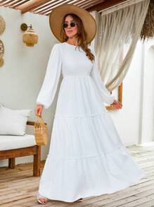 SHEIN Tall Vestido casual de mujer de unicolor con cuello redondo, mangas farol y volantes escalonados en el bajo