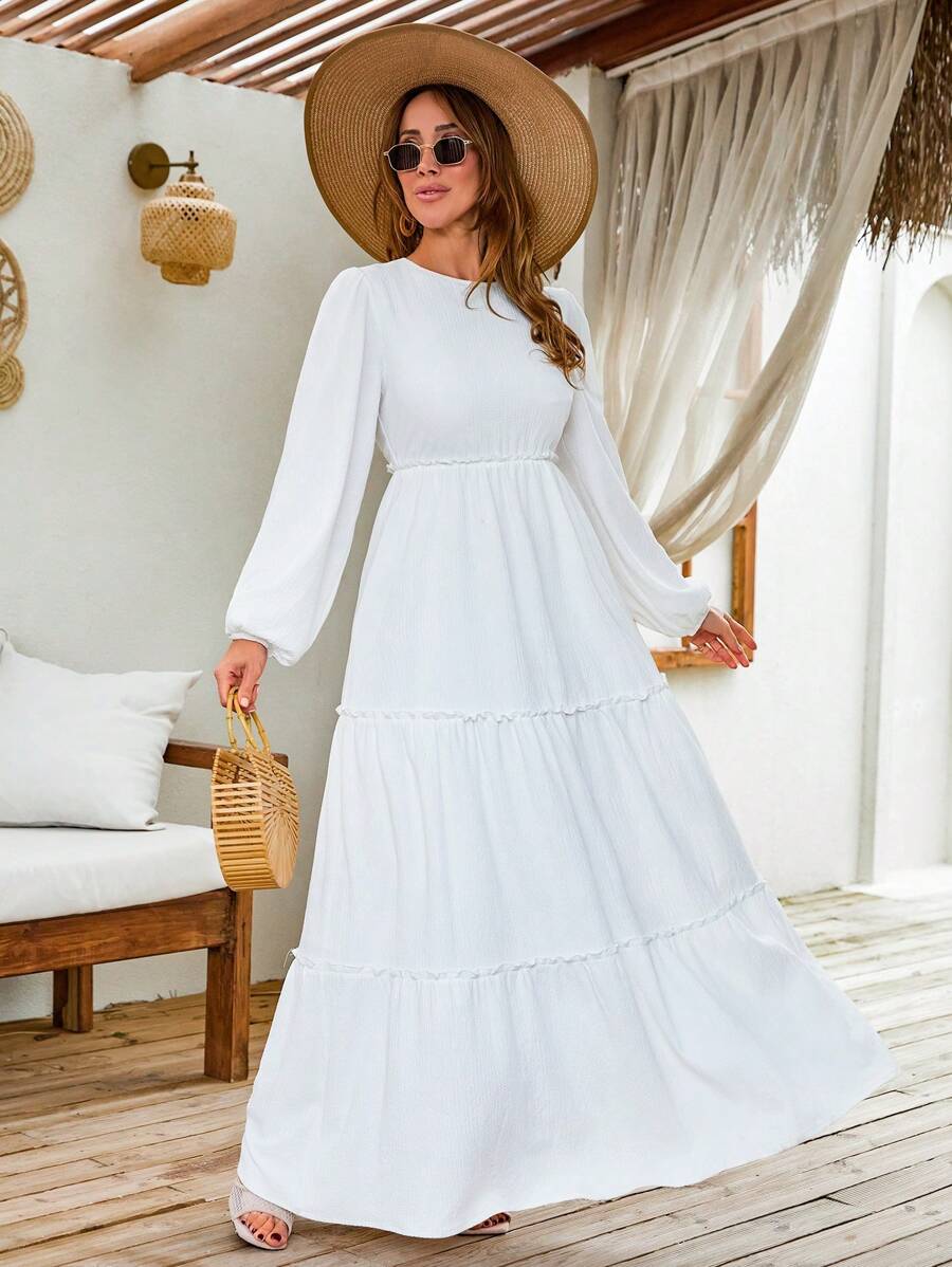 SHEIN Tall Vestido casual de mujer de unicolor con cuello redondo, mangas farol y volantes escalonados en el bajo