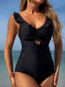Swim Lushoire Women's One-Piece Swimsuit With Drawstring Chest, Hollow Sides, And Ruffle Trim, Black, Beach & Leisure Wear For Summer Beach Vacation