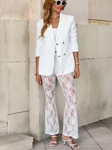 SHEIN Clasi Women Valentine's Day White Lace Flare Pants,Business Casual Woman Elegant Fashion Business Casual Woman Going Out Tops Women Summer For Women,Modest,Commute,Summer,Beach For Woman,Country Concert,Casual Vacation,Country Women, Rave Festival,St Patrick Day,Saint Patrick,Ibiza Fits,Summer For Women,Spring Break - White - View 5
