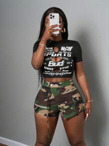 Slaydiva 2025秋冬新品/女装秋装/万圣节/女装秋冬新款春夏休闲街头斜条纹立体口袋双口袋撞色拉链织带装饰迷彩超短裤女短裤-B