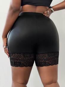 Maweii Leggings casuales y delgados con aplicaciones de encaje en el dobladillo, talla grande - Negro - Ver 2