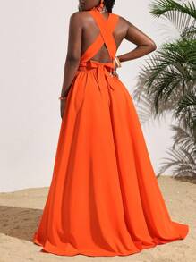 Slaydiva 女士性感纯橙色深 V 领露背交叉系带长裙，夏季度假 - 橘色 - 查看 2