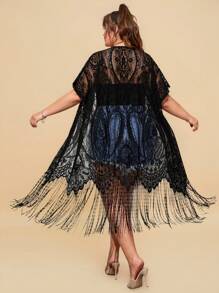 Travachic Kimono estivo taglie grandi con maniche a dolman, orlo con frange e pizzo, senza camicetta