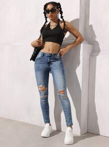 SHEIN EZwear Damen Distressed Pocket Skinny Lässig Vielseitige Jeans - Mittele Waschung - Übersicht 5