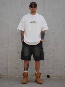 DAZY Summer Solid Cargo Pocket Men's Denim Shorts - Black - View 3