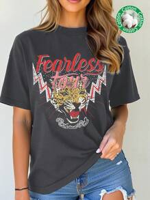 SHEIN EZwear Oversized Casual Tiger Graphic Round Neck Short Sleeve T-Shirt For Women Back To School
