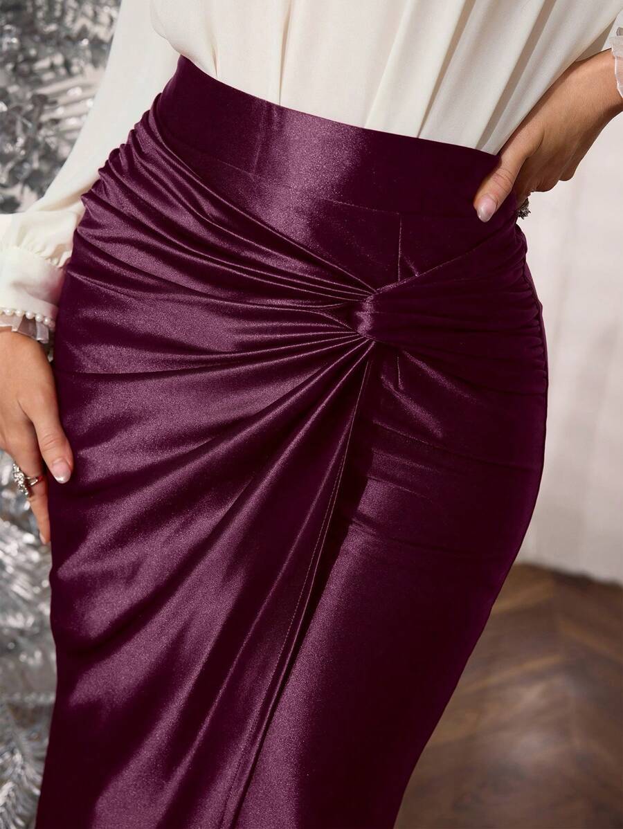 Modelyn 女士优雅针织弹力珠地网眼面料扭纹垂褶中长铅笔裙 - 紫色 - 查看 1