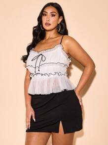 SHEIN BAE Große Größen Damen Sommer sexy elegantes schwarz-weiß farbblockiges Schleifendekor figurbetontes Volant Unterkleid, geeignet für Konzerte, Urlaub, Lässig, Business Lässig, Western, Süß, Büro, Hochzeiten, Clubs, Abschluss, Brunch, Frühling