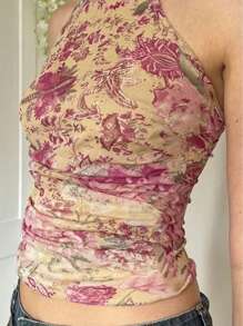 Women's Floral Print Halter Neck Backless Cami Top - Multicolor - View 3