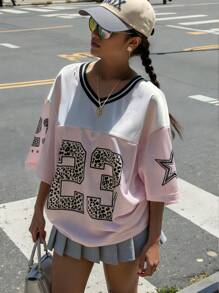 SHEIN Muchic 粉色网眼印花少女宽松 T 恤，街头休闲运动豹纹印花数字星星图案 T 恤