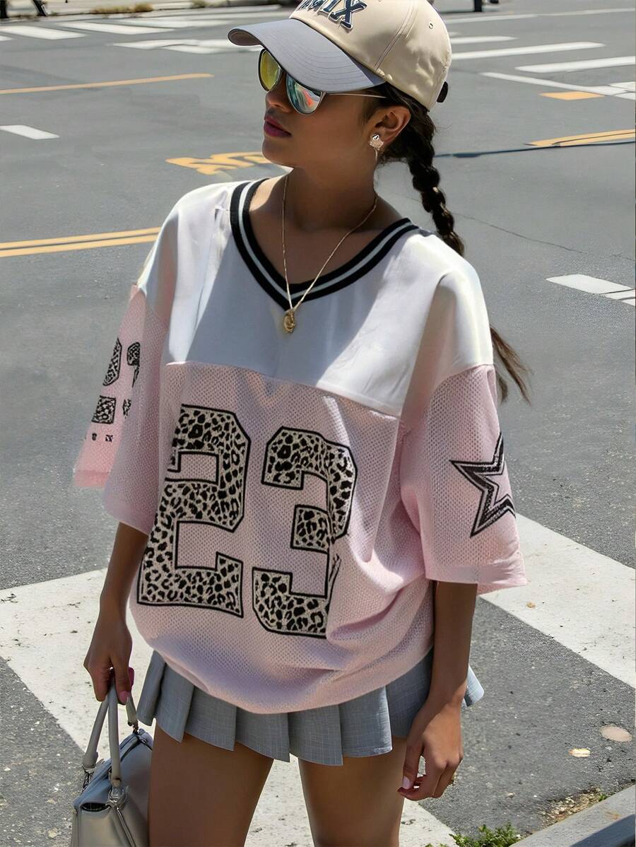 SHEIN Muchic 粉色网眼印花少女宽松 T 恤，街头休闲运动豹纹印花数字星星图案 T 恤