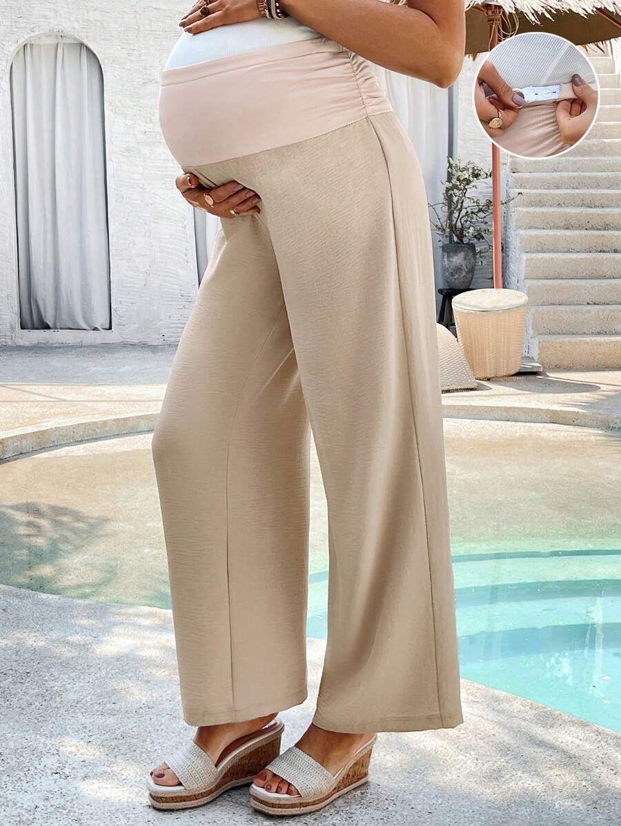 SHEIN Adjustable Waist Pleated Wide Leg Casual Pants For Pregnant Women