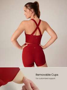 GLOWMODE 2 件 Powersculpt™ 吸汗凉爽高弹力交叉后背背心可拆卸无缝罩杯和 4.3 英寸骑行短裤带侧袋套装高强度健身跑步训练