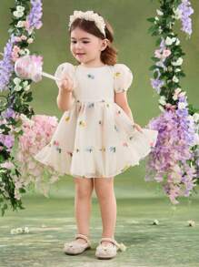 SHEIN Baby Girl Woven Mesh Embroidered Round Neck Puff Sleeve Casual Dress - Beige - View 5