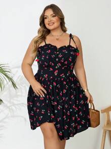 SHEIN CURVE+ 大码女式黑樱桃印花罩杯风格浪漫休闲度假连衣裙波西米亚风度假