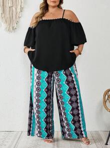 SHEIN CURVE+ Plus Size Women Summer Open Shoulder Short Sleeve Blouse And Floral Print Wide Leg Pants 2 Pieces Set Boho Vacation