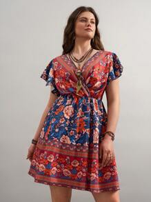 SHEIN VCAY Große Größen Damen Sommer Lässig Urlaub Western Country Schmetterlingsärmel Wickelkleid