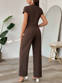 SHEIN 2pcs Maternity Short Sleeve Top And Pants Set, Casual & Stylish For Daily Wear - Brown - View 2