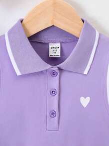 SHEIN Young Girl Heart Print Contrast Trim Polo Neck Dress Summer Holiday - Lilac Purple - View 4