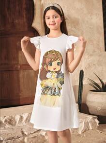 SHEIN Tween Girls 纯色编织圆领可爱女孩印花荷叶边连衣裙，适合春季出游、乡村风格、花园下午茶、休闲外出、返校 - 白色 - 查看 4