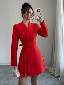 Elenzga 红色优雅女士中长连衣裙，披肩领长袖，系腰，褶皱，通勤时尚，适合节日和情人节 - 紅色 - 查看 1