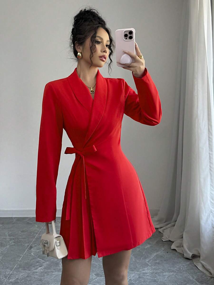 Elenzga 红色优雅女士中长连衣裙，披肩领长袖，系腰，褶皱，通勤时尚，适合节日和情人节 - 紅色 - 查看 1