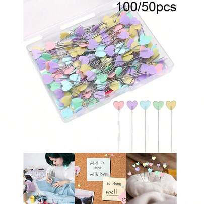 50/100 piezas Alfileres de costura de cabeza plana recta, alfileres de costura y bordado con cabeza en forma de corazón de colores aleatorios, suministros de costura DIY de acero inoxidable, alfileres largos de 2.16 pulgadas con cabeza de perla de colores para acolchado, multicolor alfileres rectos, alfileres de posicionamiento para artesanía, marcadores de costura para modista, artesanía, proyectos de costura y decoración DIY (Corazón)
