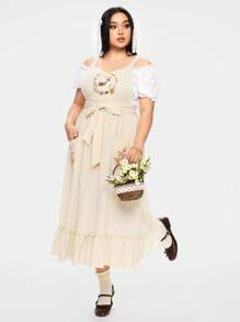 ROMWE Fairycore Women's Pastoral Style Deer Embroidered Apron, Spring/Summer - Green - View 9