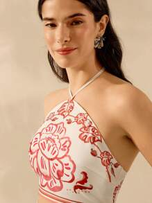 CAJUNI Women's Boho Tropical Floral & Monstera Plant Print Crop Halter Top, Casual Summer Beach Wear