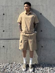 DAZY Conjunto de camisa polo y shorts de unicolor para hombres, ropa de trabajo de verano para exteriores