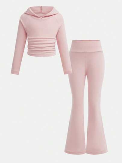 Hanevo 2Pcs Sets Young Girls Street Fashion Sporty Outfits, Gray Hoodie Sweatshirt & Flared Pants, Casual Autumn/Winter